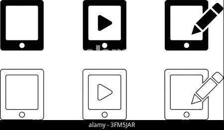 Set of modern tablet icons including blank screen video play button and stylus pen for digital design and mobile apps. Stock Vector