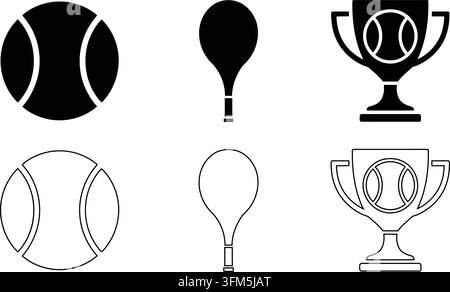 Sports equipment collection including tennis balls paddle and winner cup trophy symbols for tournaments and athletes. Stock Vector