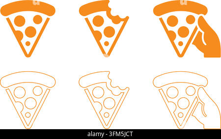 Orange pizza slice icons featuring whole bitten and hand holding versions designed as solid and outline graphics for digital food web design. Stock Vector