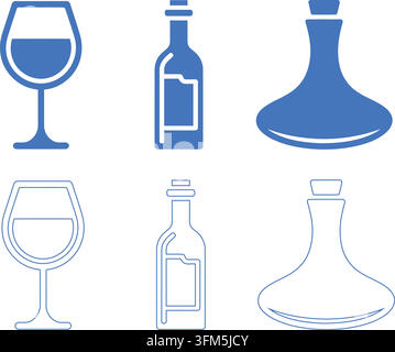 Blue wine glass bottle and decanter vector icons presented in solid and outline styles for restaurant menu design and winery branding. Stock Vector