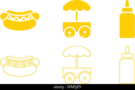 Yellow hot dog street cart and mustard bottle icons provided in solid and outline formats for food industry marketing and restaurant branding. Stock Vector