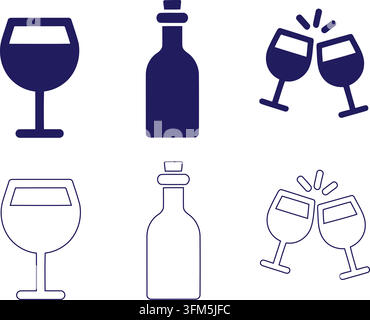 Dark blue wine glass and bottle vector icons featuring solid and outline styles for restaurant bars wineries and hospitality visual design. Stock Vector