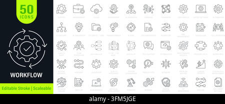 Workflow web icons in line style. Business process, automation, AI technology, management, productivity, system integration, quality assurance Stock Vector