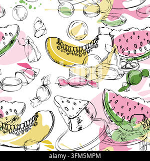 Hard candy with watermelon, honeydew melon wedges, wrapped sweets, gum drops, juicy cantaloupe slices. Isolated hand drawn vector ink seamless pattern Stock Vector