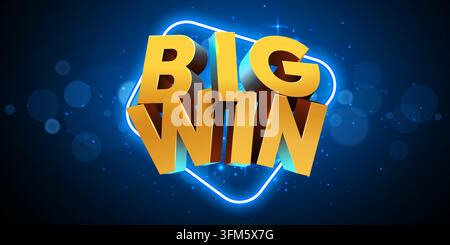 Big win golden 3D text on glowing blue background. Jackpot banner design for your gambling concept. Vector illustration Stock Vector