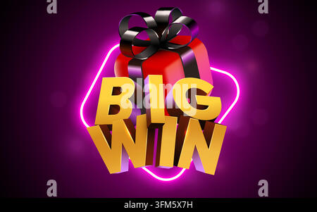 Big Win neon sign with a red gift box. Bright marketing element for casino or lottery promotion. Vector illustration Stock Vector