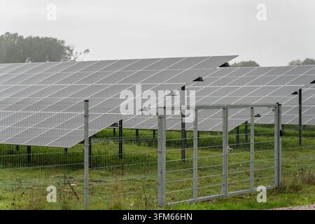 Large fenced solar-panel array beside a muddy service track and mature tree, supporting utility-scale renewable-energy operations, site access, and as Stock Photo