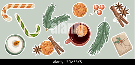 Flat lay Christmas sticker pack vector elements set isolated on background. Cozy eco winter holiday clip art collection with white stroke outline Stock Vector