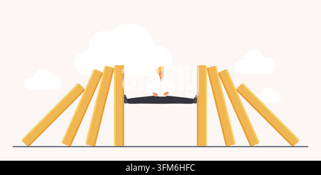 Businessman in splits holds apart falling domino chains, showing proactive crisis management, risk prevention, business continuity, resilience and control in disruption vector illustration Stock Vector