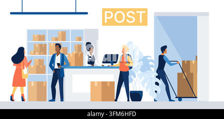 Modern post office interior with customers, clerk, parcels and courier handling boxes at service counter, shipping and delivery workflow isolated on white background vector illustration Stock Vector