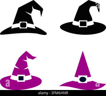 Witch hat set in black and purple colors for Halloween graphic design and holiday decoration vector illustration. Stock Vector