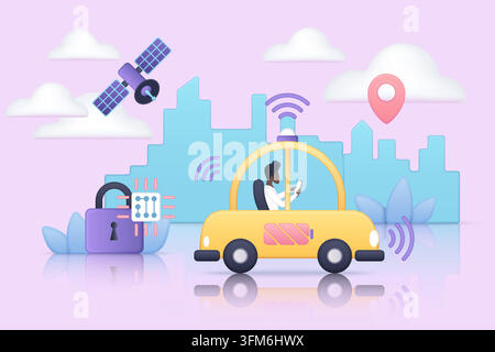 Autonomous vehicle technology concept with connected smart city, satellite navigation, cybersecurity lock, wireless signals and mobile control in pastel style vector illustration Stock Vector