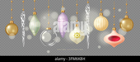 Collection of golden, transparent, and vintage hanging Christmas ornaments. Realistic 3D style Vector illustration Stock Vector