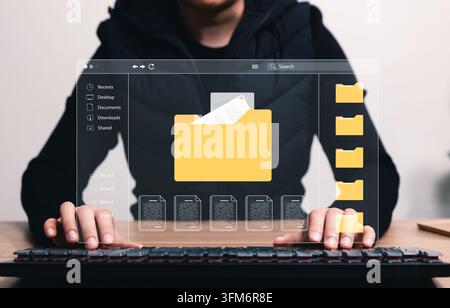Digital document management and file organization concept. Businesswoman using computer and folders, data storage, records, search, workflow, Stock Photo
