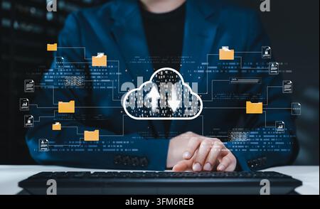 Cloud computing file transfer and digital document management concept. Person using computer with upload and download icon, connected folder, secure Stock Photo