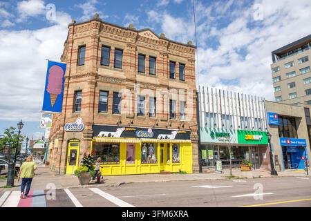 Charlottetown Prince Edward Island PEI Canada,Downtown Grafton Street,DesBrisay Mudd Block,historic commercial building,brick architecture,heritage fa Stock Photo