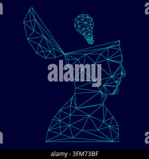 Man with lightbulb idea in open head low poly triangulation triangulated polygonal electric cyan blue vibrant aqua neon color vector illustration Stock Vector