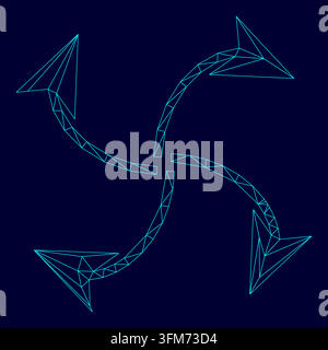 Four arrows in loop from center low poly triangulation triangulated polygonal electric cyan blue vibrant aqua neon color vector illustration image Stock Vector