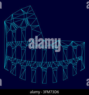 Coliseum low poly triangulation triangulated polygonal electric cyan blue vibrant aqua neon color vector illustration image outline contour line style Stock Vector