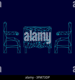 Table and two chair or armchair in restaurant low poly triangulation triangulated polygonal electric cyan blue vibrant aqua neon color vector Stock Vector