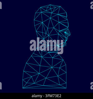 Profile side view portrait low poly triangulation triangulated polygonal electric cyan blue vibrant aqua neon color vector illustration image outline Stock Vector