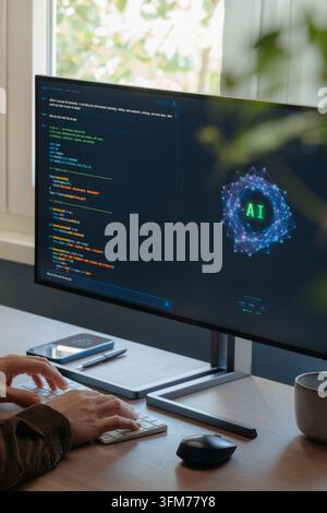 Coder hands typing on keyboard, using AI assistant to write programing code on computer at desk, boosting productivity and automation with artificial intelligence agents and AI chatbots. Copy space Stock Photo