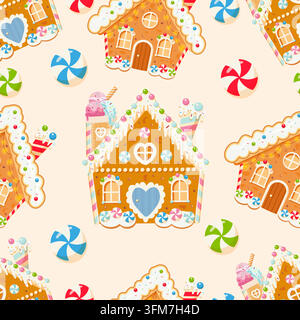 Seamless Christmas pattern with cute gingerbread houses and colorful candy cane swirls. Stock Vector