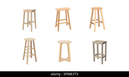 Set of 6 high bar stool vector illustrations. Flat color graphic silhouette icons of wooden tall stools with round and square seats Stock Vector
