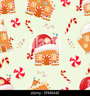 A cute, seamless winter holiday pattern featuring charming gingerbread houses, bright red Santa hats, and striped candy canes. Stock Vector