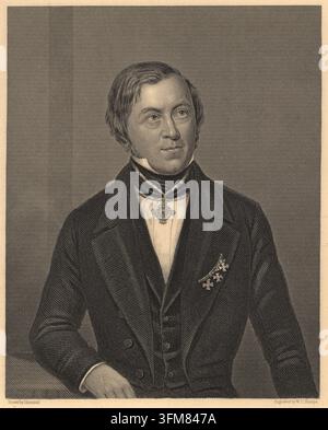 An engraving of Eilhard Mitscherlich (1794-1863), a German chemist and crystallographer. Mitscherlich is noted for identifying the phenomenon of isomorphism in 1819, a discovery highlighting how different chemical substances could form crystals with identical shapes, offering insights into atomic structure. From 'Chemistry' by James Sheridan Muspratt (London), c.1860. Stock Photo