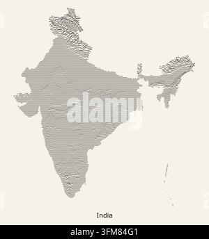 Detailed vector shaded relief map poster of India featuring topologic elevation contours, mountain ranges, and terrain geography. Stock Vector