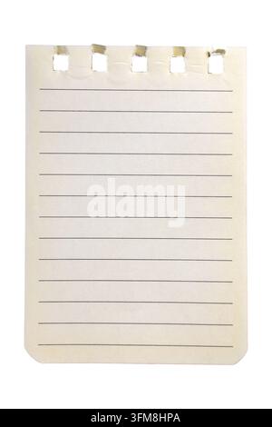 Cream colored sheet of paper torn from a notebook, featuring perforation and horizontal ruling Stock Photo