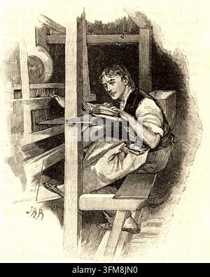 An engraving depicting David Livingstone (1813–1873) at his loom. Born in Blantyre, Scotland, Livingstone began working at a local cotton mill at the age of ten, where he famously taught himself Latin and science by placing books on his spinning machine to study during his twelve-hour shifts. This early commitment to education prepared him for his medical studies and eventual career as a Christian missionary and explorer whose extensive travels across the African continent were instrumental in mapping the interior. The illustration portrays him as a model of Victorian industriousness and acade Stock Photo