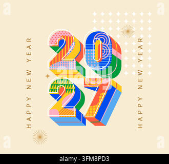 2027 New Year card with geometric 3d numbers in bauhaus style, art design. Design for greeting card, invitations ,posters, flyers, web, calendar. Vector illustration Stock Vector