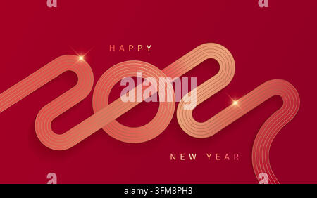 2027 New Year simple linear banner with numbers from golden lines with wishing text on red background. Luxury template for cards, posters, flyers, web. Premium vector design for New year and Christmas Stock Vector
