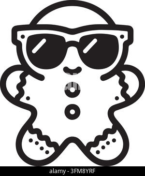 Cute cartoon gingerbread man wearing cool sunglasses outline art Vector icon/ Stock Vector