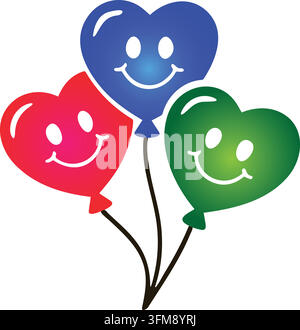 Minimalist vector illustration of three heart-shaped balloons with happy faces. Stock Vector