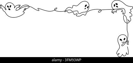 Cute hand drawn Halloween corner frame with playful ghost characters, spooky doodle Continuous one line art and large copy space. Black and white fest Stock Vector