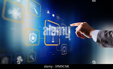 Advanced drone detection system using radar technology and aerial surveillance for security. Stock Photo
