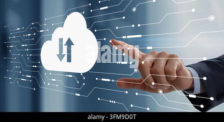 A hand interacting with a cloud computing concept featuring data transfer and network connections Stock Photo