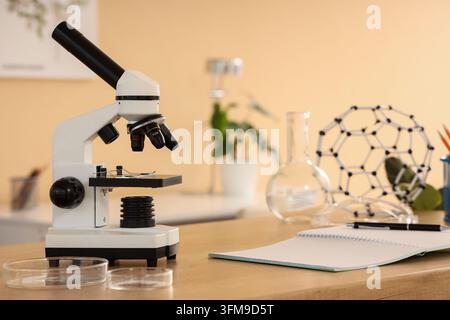 Scientific research and laboratory analysis, microscope with chemical glassware and molecular model on a desk in a modern science classroom or laborat Stock Photo