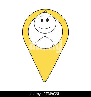 A happy stick figure man inside a yellow map pin pointer icon. Simple cartoon drawing of a smiling stick figure character framed inside a yellow map Stock Vector