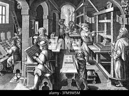 An engraving depicting a busy printing office from the series 'Nova Reperta' (New Discoveries) by Jan van der Straet (1523–1605), also known as Johannes Stradanus, and published by Philips Galle. On the left, 16th-century compositors are seen setting type from cases, while in the background, workers ink the type blocks. To the right, a man operates a heavy flatbed screwjack press as a master printer in a fur-lined gown supervises the enterprise. In the foreground, a young apprentice stacks printed sheets to dry, reflecting the technological advancements and collaborative labour that characteri Stock Photo