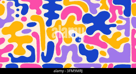 Abstract colorful background, organic geometric shapes, bold brush drawn blobs, wavy lines, modern playful texture in pink, blue, yellow, purple tones, seamless style vector illustration Stock Vector