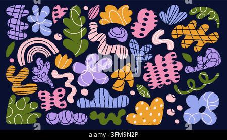 Abstract organic shape set with pastel blobs, flowers, leaves, squiggles and doodle textures on dark background. Playful hand drawn graphic elements, modern abstract vector illustration Stock Vector