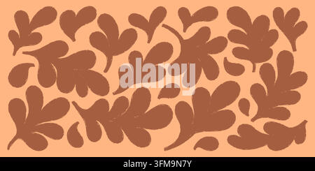 Abstract leaf collection, hand drawn organic foliage shapes, bold brown botanical forms on peach background, modern natural ornament, trendy plant motif, textured flat vector illustration Stock Vector