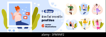 Collection of six social media profile scenes with framed users, likes, messages, hearts, interface elements, plus decorative leaves in a flat modern style vector illustration Stock Vector
