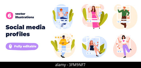 Collection of six social media profile scenes with stylish influencers posing inside post frames, reactions, likes, hearts, stars, and decorative leaves in a flat vector illustration Stock Vector