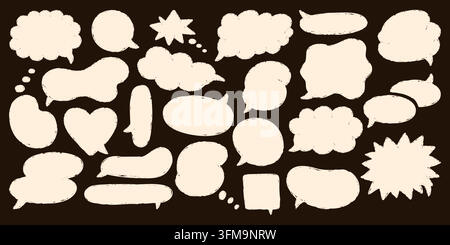 Set of chalk drawn speech bubbles, rough comic dialogue clouds, oval and heart balloons, grunge hand drawn text boxes, isolated cream shapes on dark background vector illustration Stock Vector