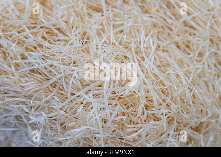 Shredded paper texture close-up, dense and layered appearance, light beige color variations, soft diffused lighting, indoor environment, functional st Stock Photo